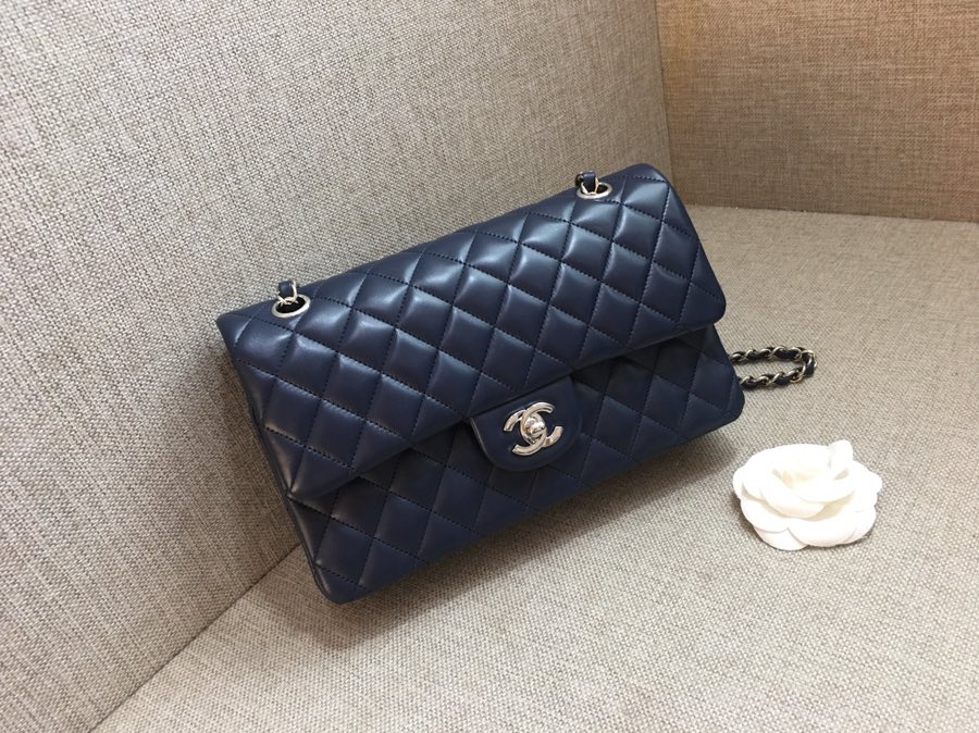 Medium Classic Flap Lambskin Bag AO1112 Dark Blue/Silver